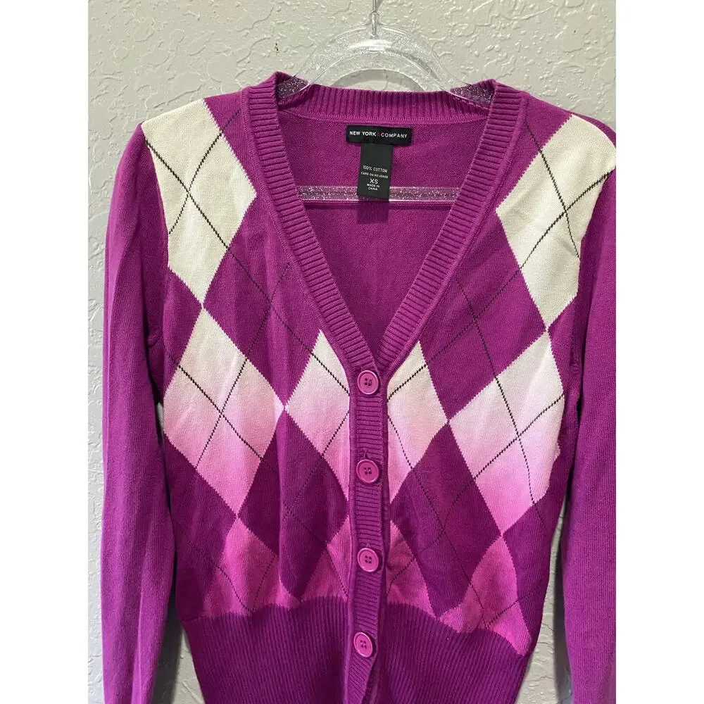 Vinatge New York & Company Purple Argyle Cardigan XS Academia Preppy Goth